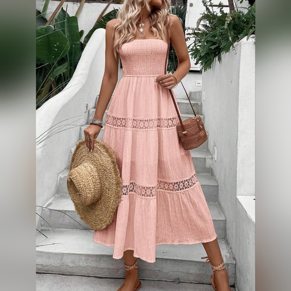 Boutique Dresses & Skirts - New Boho Embroidered Lace Strapless Tube Top Midi Dress Light Pink